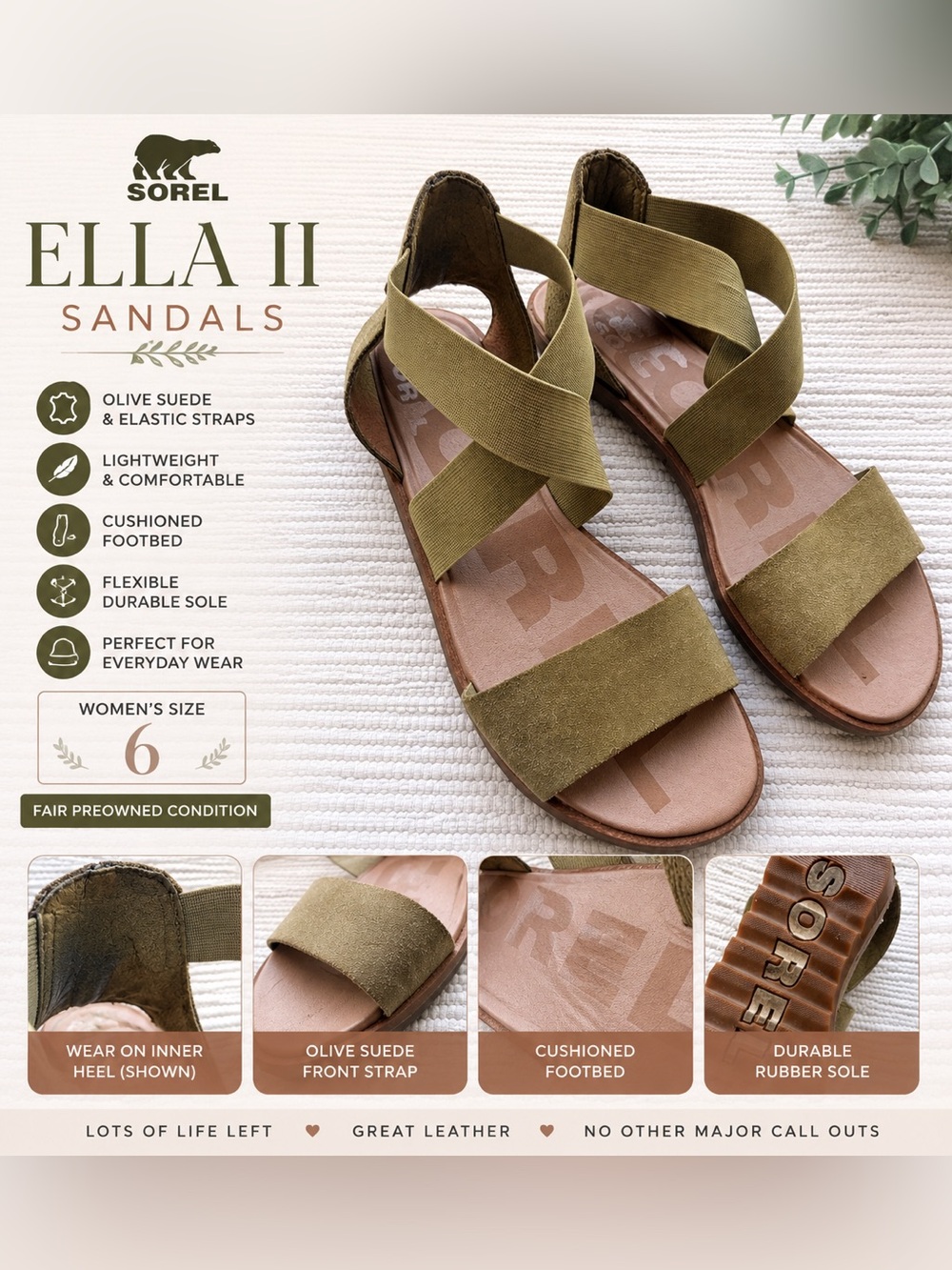 Sorel Ella II Olive Suede Elastic Strap Sandals Women’s 6